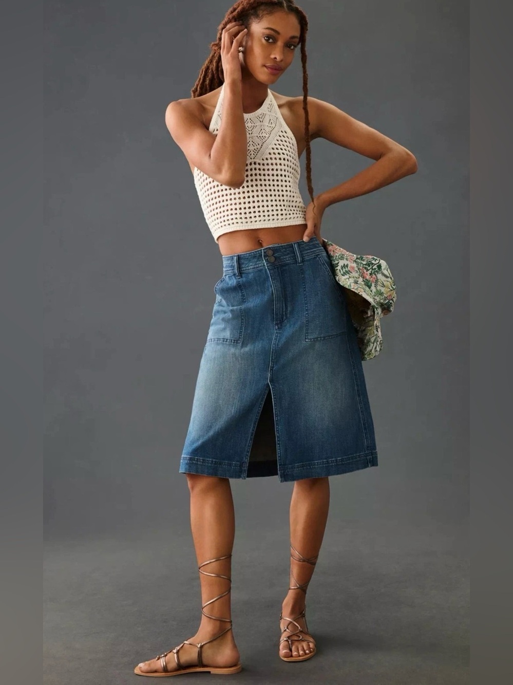 Anthropologie Pilcro Utility Denim Skirt Sz 8 Front Slit Minimalist Classic
